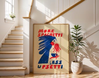 More Spaghetti Poster | Less Upsetti Print | Funny Kitchen Wall Art | Retro Italian Food Decor | Quirky Abstract Blue Red Quote Gift