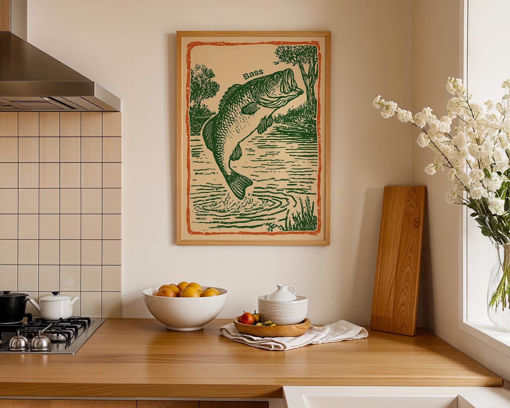 Vintage Bass Fishing Art Print | Retro Woodcut Style Fisherman Gift ...