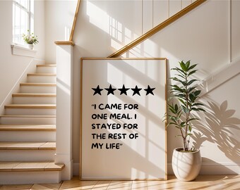 Food Lover Wall Art | Poster Funny Foodie Review Print | "Stayed for Life" 5-Star Art | Kitchen Decor for Restaurant Lover | Chef Gift