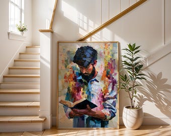Palette Knife Reader | Abstract Man Reading Art | Colorful Impasto Painting | Literary Wall Decor | Vibrant Portrait Print | Book Lover Gift