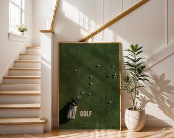 Lámina artística minimalista de golf / Póster con vista aérea de pelotas y bolsa de golf / Decoración moderna para pared con motivos deportivos / Tipografía con textura de césped verde / Idea de regalo