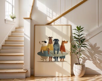 Surfing Dogs Art Print | Whimsical Beach Puppy Poster | Funny Anthropomorphic Dog Decor | Mid Century Modern Pet Art | Nursery Surf Wall Art