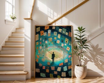 Metaphorical Data Security Art Print | Man in Swirl of Locked Files | Information Privacy Investigation Poster | Tech Office Wall Decor