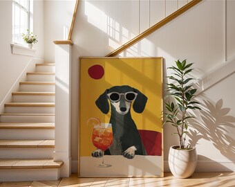 Funny Dachshund Art Print | Dog Wearing Sunglasses Poster | Orange Spritz Cocktail Illustration | Mid-Century Modern Pet Decor | Puppy Gift