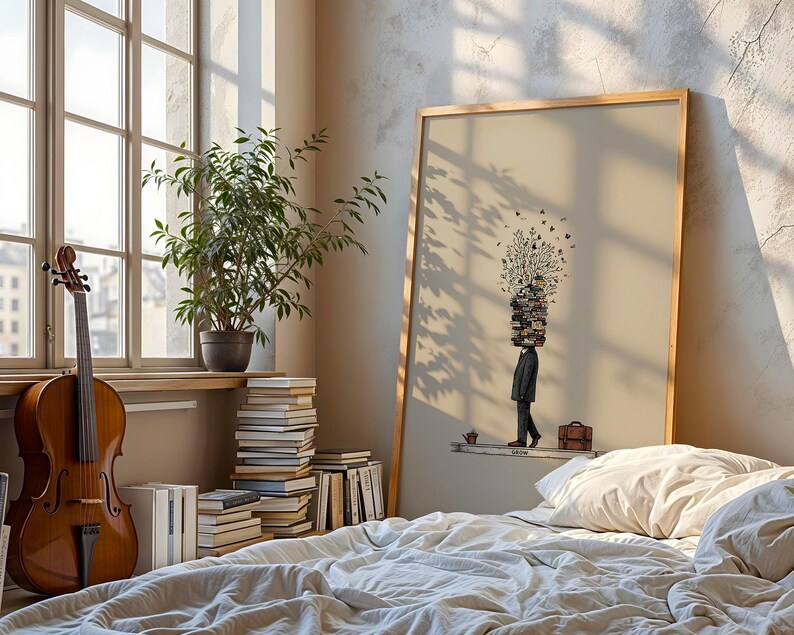 Puede incluir: Una impresi&oacute;n art&iacute;stica enmarcada representa a una persona con una pila de libros en la cabeza, caminando con un malet&iacute;n. Un violonchelo se apoya en una ventana, junto a una planta en maceta y una pila de libros. La habitaci&oacute;n tiene una paleta de colores neutros.