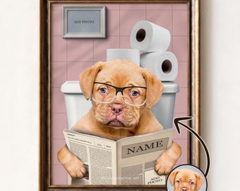 Custom Pet Portrait Bathroom Wall Art | Dog Reading Newspaper on Toilet | Dog in Bathtub Digital Download