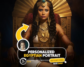 Könnte beinhalten: Eine digitale Illustration einer Frau mit einer goldenen Krone und Schmuck, die auf einem Thron sitzt. Der Text "Personalisiertes ägyptisches Porträt" wird auf einem gelben Banner angezeigt. Der Text "KAUFE 2, BEKOMME 1 GRATIS! GESICHTSWECHSEL" wird auf einem weißen Banner angezeigt. Der Text "ÄGYPTISCHE PORTRÄTS AUS DEINEM FOTO" wird am unteren Rand des Bildes angezeigt.