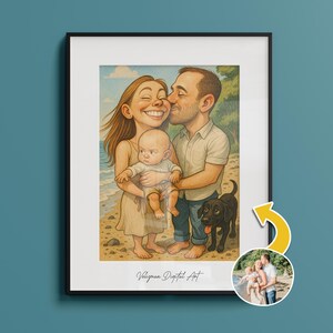 May include: A framed cartoon portrait of a family on a beach, with a baby, parents, and a black dog. The artwork is in a colorful, whimsical style, with the text "Veligman Digital Art" at the bottom.
