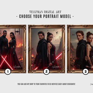 Custom Sith and Jedi couple portrait styles 1-3, red lightsaber dark side art, personalized Star Wars inspired portrait options