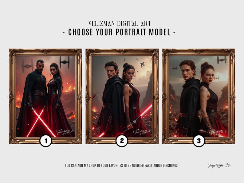 Custom Sith and Jedi couple portrait styles 1-3, red lightsaber dark side art, personalized Star Wars inspired portrait options