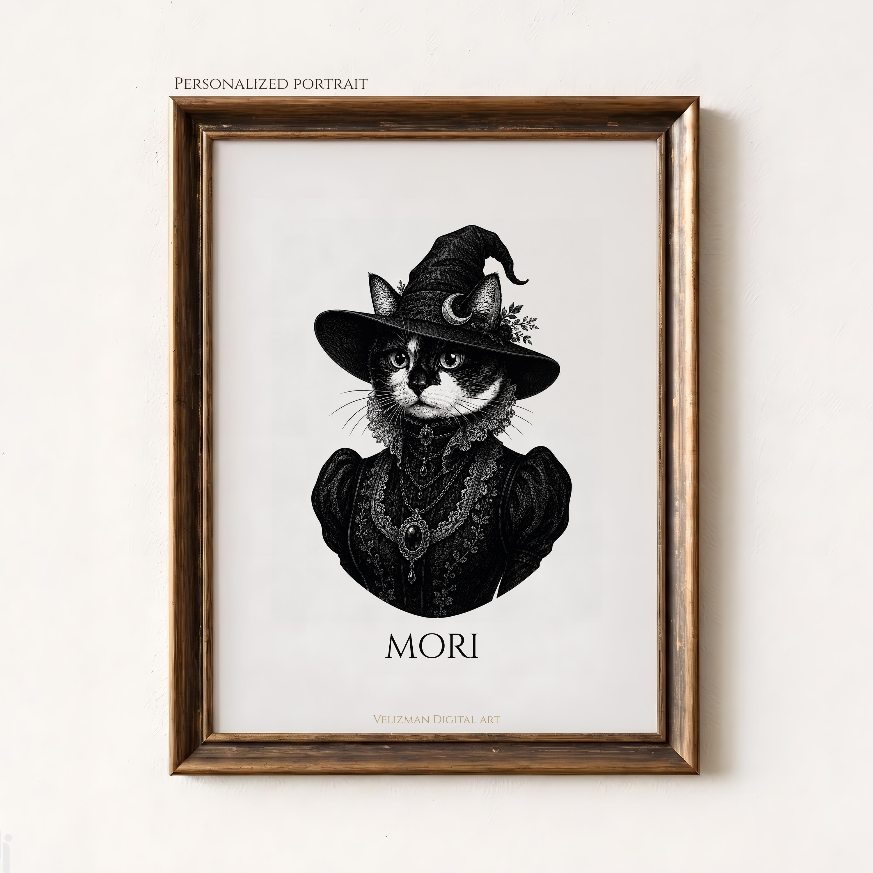 Custom Gothic Witch Pet Portrait from Photo, Personalized Halloween Pet Wall Art
