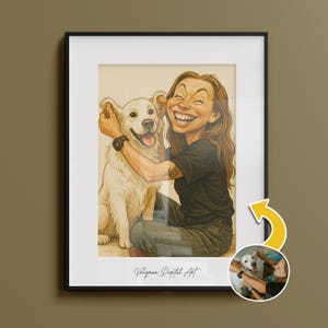 Op de afbeelding: Ingelijste digitale kunstprint met een cartoonillustratie van een vrouw en een golden retriever. De vrouw lacht en omhelst de hond. Het kunstwerk staat in een zwarte lijst met een witte passe-partout. De naam van de kunstenaar, "Veligman Digital Art", staat onderaan afgedrukt.