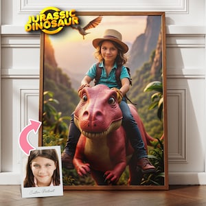 Custom Dinosaur Portait, Riding a Dinosaur, Portrait from Photo, Gift For Kids, Girl Riding T-rex Portrait, Gift For Girls, T-rex Gift, Art