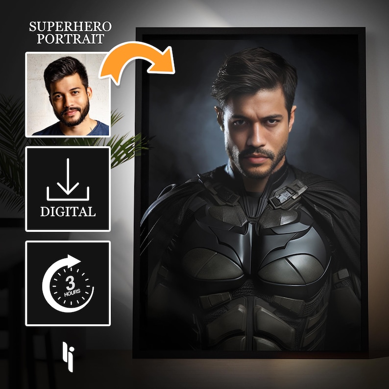 May include: A digital portrait of a person dressed as a superhero. The person is wearing a black and gray costume with a dark cape. The background is dark gray.