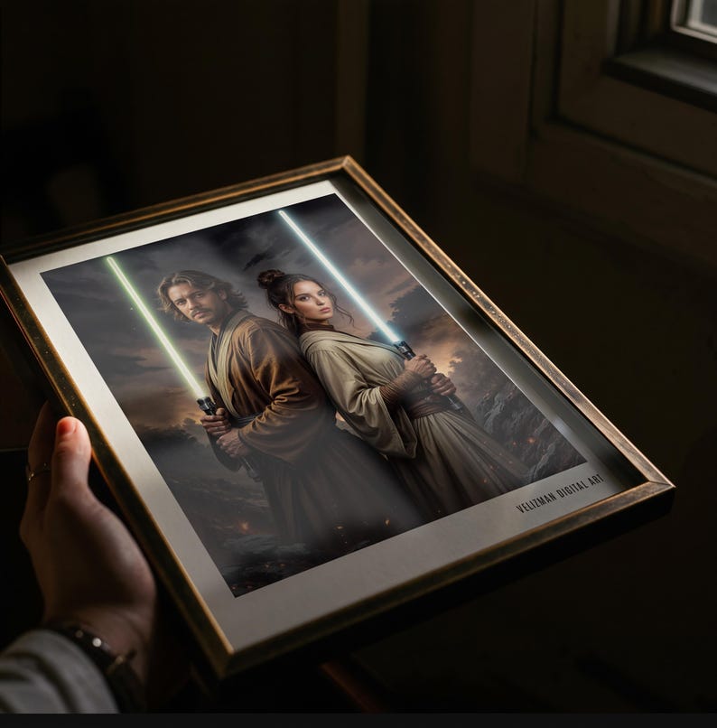 May include: A framed digital art print featuring two individuals standing back-to-back, each holding a glowing lightsaber. One lightsaber is green and the other is white. The individuals wear brown and beige robes. The text VELIZMAN DIGITAL ART is visible.