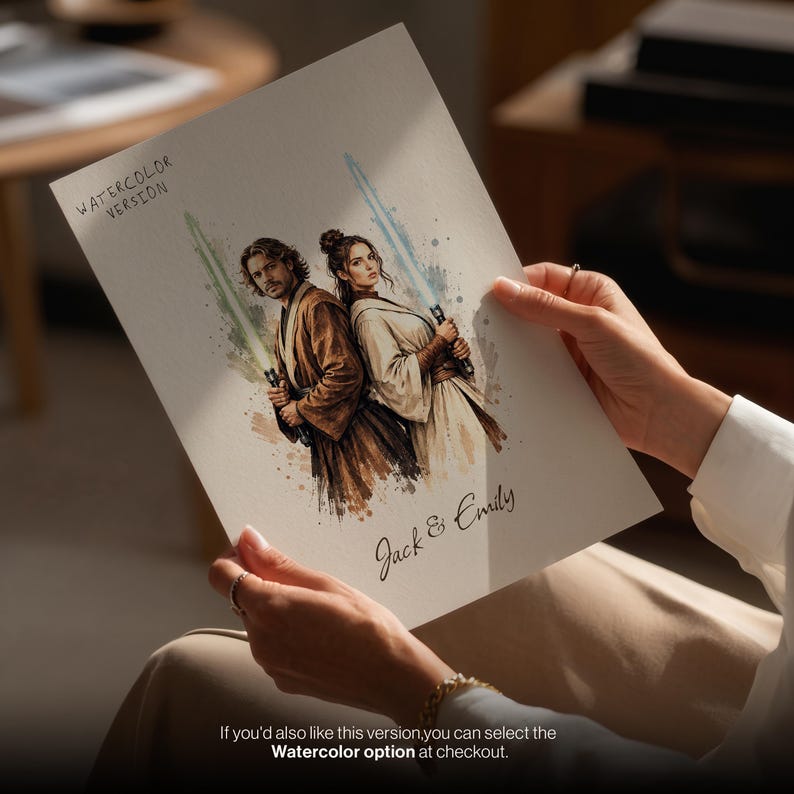 May include: A watercolor-style art print on paper featuring a man and a woman standing back-to-back, each holding a glowing lightsaber in green and blue. The text WATERCOLOR VERSION is at the top left, and the names Jack & Emily are at the bottom.