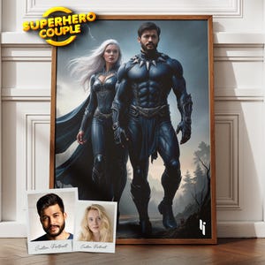 Retrato de pareja de superhéroes personalizado a partir de una foto, regalo para él o para ella, regalo para parejas, retrato de pareja de fantasía, regalo para el Día del Padre, arte de héroe