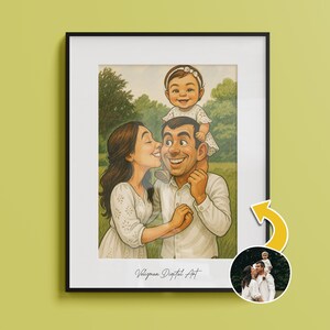 May include: Framed family portrait featuring a smiling couple and a baby. The artwork depicts a woman kissing the man's cheek, with the baby sitting on the man's shoulders. The background shows a green field and trees. The text "Veligman Digital Art" is at the bottom.