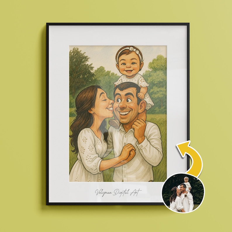 May include: Framed family portrait featuring a smiling couple and a baby. The artwork depicts a woman kissing the man's cheek, with the baby sitting on the man's shoulders. The background shows a green field and trees. The text "Veligman Digital Art" is at the bottom.