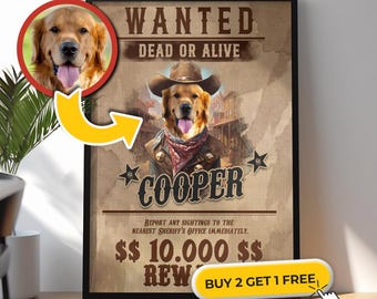 Custom Wanted Poster for Dogs, Personalized Western Portrait for Pets, Cowboy Portrait for Dog, Cowboy Dog Portrait, Christmas Gifts for Dog