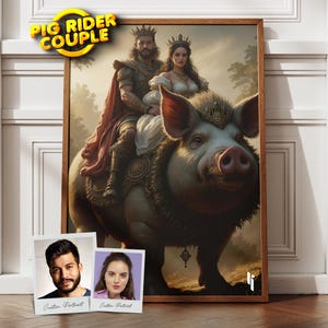 May include: A digital painting depicting a couple riding a large pig. The couple are dressed in medieval attire and wearing crowns. The pig is brown and white with a saddle and bridle. The background is a woodland scene.