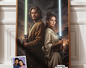 Custom Star Wars Couple Portrait from Photo, Jedi Wall Art, Personalized Sci-Fi Gift