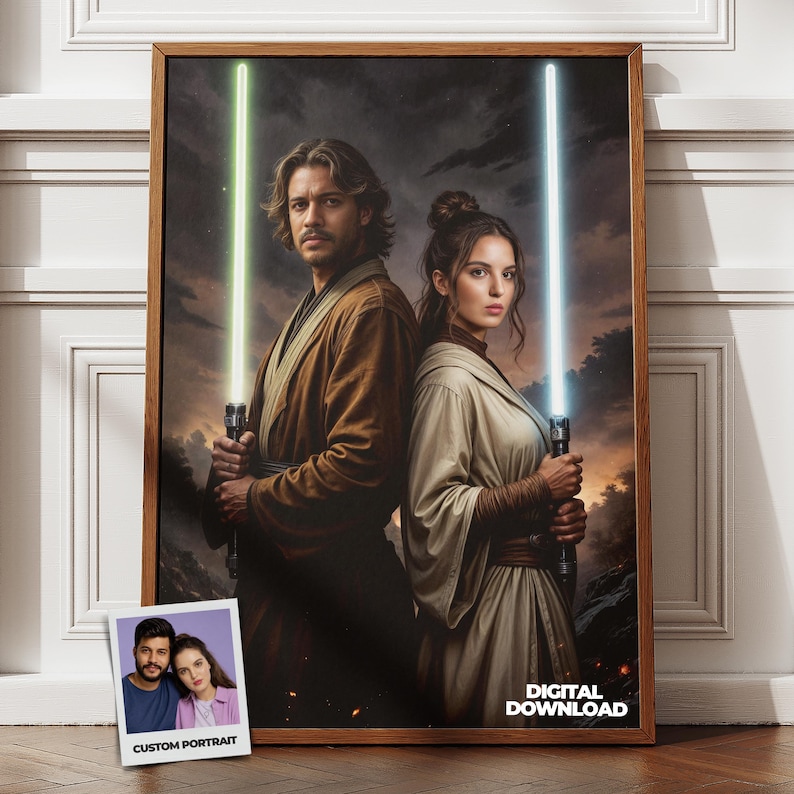 May include: A framed digital portrait featuring two individuals dressed in brown and beige robes, each holding a glowing lightsaber. The man holds a green lightsaber and the woman holds a blue one. A small polaroid-style photo shows the subjects.