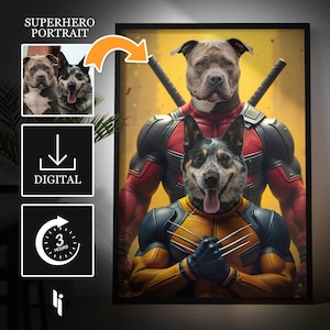 Custom Superhero Pet Portrait, Dog Portrait, 2 Pet Portrait, Two Pets Portrait, Funny Pet Portrait, Gift for Pet Owner, Christmas Pet Gifts