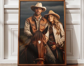 Custom Cowboy Couple Portrait From Photo | Personalized Western Couple Art Gift  | Wild West Mother’s Day Gift