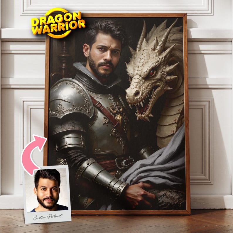 Custom Dragon Warrior Portrait | Knight with Dragon Portrait From Photo | GOT Portrait | Custom Fantasy Portrait | Gift for Him | Dad Gifts image 1