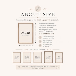 Custom portrait available sizes chart, 24x30 default ratio, 8x10 11x14 12x16 16x20 A4 print sizes, no extra cost resizing