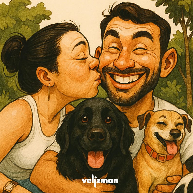 May include: Digital illustration of a couple kissing, with two dogs in the foreground. The woman is kissing the man on the cheek. The dogs are a black Labrador and a tan dog with a red collar. The artist's signature, "velizman", is in the bottom center.