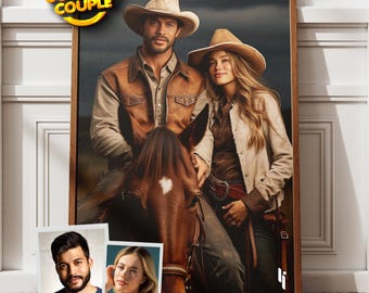 Custom Cowboy Couple Portrait From Photo, Western Art from Photo, Personalized Cowboy Design, Gift for Couples, Cowboy, Father's Day Gifts