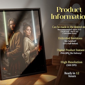 Custom couple portrait digital art with lightsabers, personalized fantasy poster, 300 DPI, instant PNG/JPG download, any size available