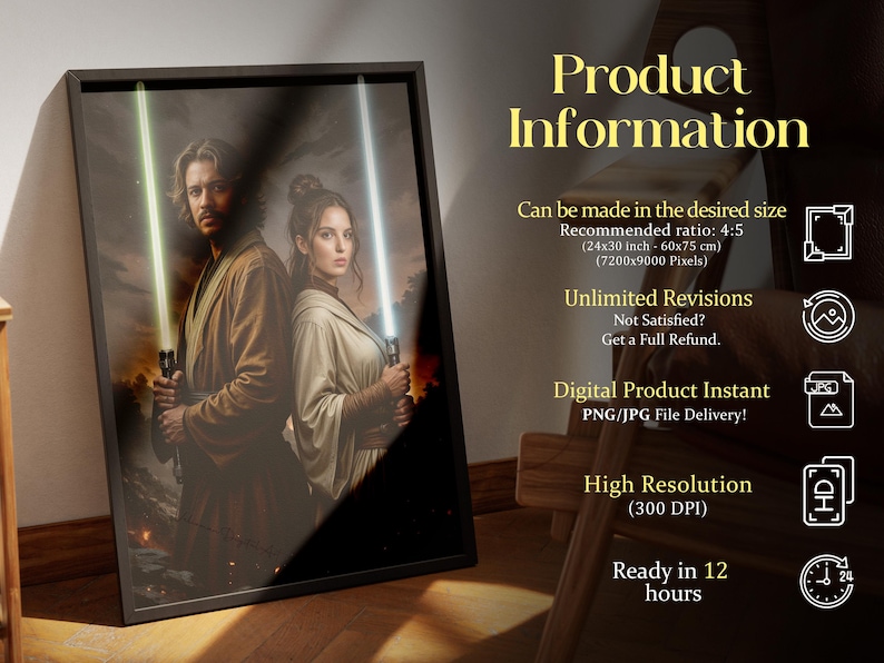 Custom couple portrait digital art with lightsabers, personalized fantasy poster, 300 DPI, instant PNG/JPG download, any size available