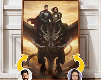 Custom Dragon Rider Couple Portrait From Photo | Personalized Gift for Couples | Fantasy Couple Art