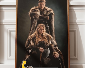 May include: A framed portrait featuring a man and a woman dressed in fur-trimmed garments, with the woman holding an axe. A small circular inset shows the original subjects, and text at the bottom reads READY IN 12 HOURS DIGITAL DOWNLOAD.