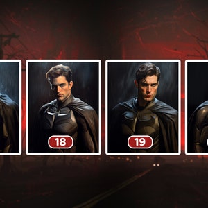 May include: Four images of a person wearing a dark gray and black costume with a cape. The person has short, dark hair and a serious expression. Each image has a red circle with a number in it, 17, 18, 19, and 20.