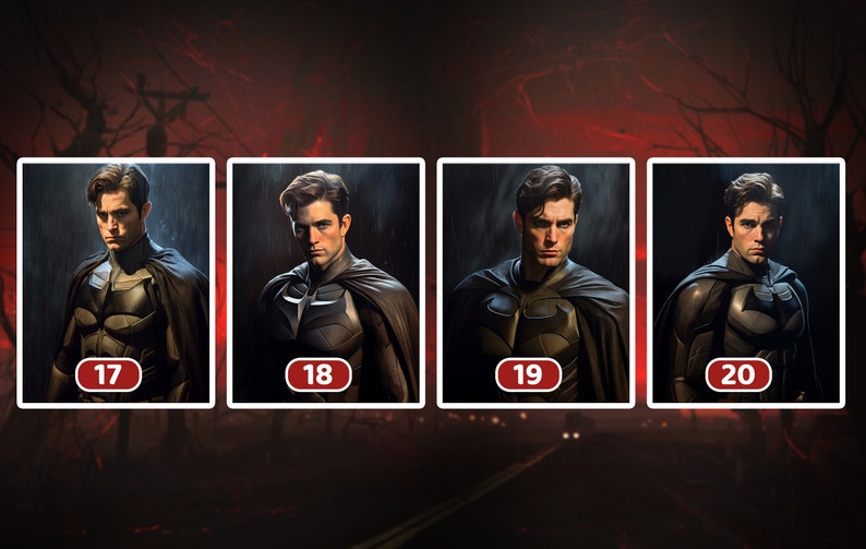 May include: Four images of a person wearing a dark gray and black costume with a cape. The person has short, dark hair and a serious expression. Each image has a red circle with a number in it, 17, 18, 19, and 20.