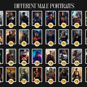 May include: A collage of 32 different male portraits, each in a square frame with a gold border and a number in the bottom right corner. The portraits are of various men, some in superhero costumes, some in casual clothing, and some in historical attire.