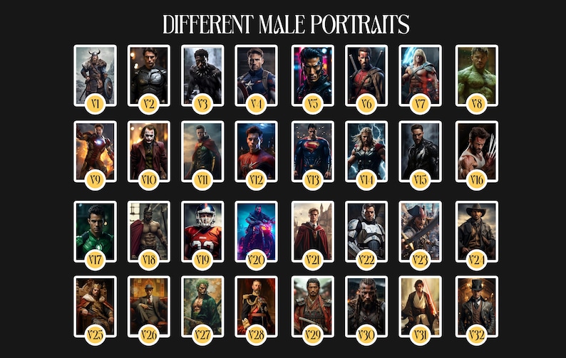 May include: A collage of 32 different male portraits, each in a square frame with a gold border and a number in the bottom right corner. The portraits are of various men, some in superhero costumes, some in casual clothing, and some in historical attire.