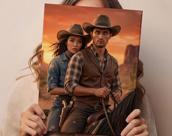 Custom Cowboy Couple Portrait From Photo | Personalized Western Couple Art Gift  | Wild West Mother’s Day Gift