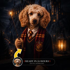 Può includere: Un cane dal pelo riccio indossa una tunica scura, una camicia bianca colletto e una sciarpa a righe rosse e oro con uno stemma. Il cane tiene in mano una bacchetta luminosa. In basso il testo READY IN 24 HOURS DIGITAL DOWNLOAD con un ritratto.