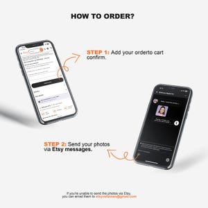 May include: An image showing instructions on how to order from Etsy. The text reads "HOW TO ORDER?" with steps to add to cart and send photos via Etsy messages. An email address is provided for sending photos.