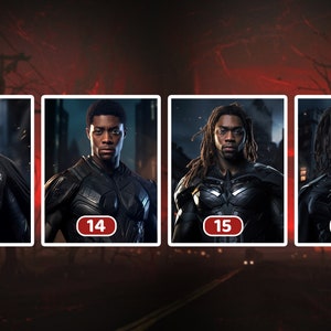 May include: Four images of a Black man dressed as a superhero. Each image shows a different variation of the costume. The images are numbered 13 through 16.