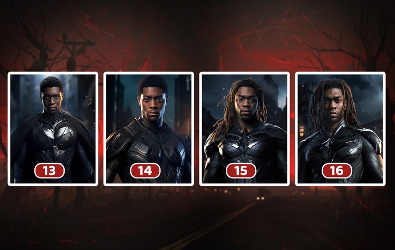 May include: Four images of a Black man dressed as a superhero. Each image shows a different variation of the costume. The images are numbered 13 through 16.