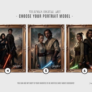 Custom Jedi couple portrait styles 4-6, fantasy warrior couple with lightsabers, personalized digital art portrait choices