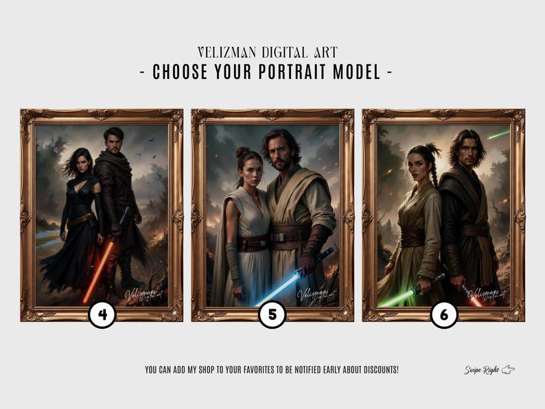 Custom Jedi couple portrait styles 4-6, fantasy warrior couple with lightsabers, personalized digital art portrait choices