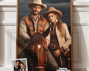 May include: A framed portrait of a person with a beard and a person with long hair, both wearing cowboy hats and western-style jackets, sitting on a brown horse. A small polaroid-style photo shows the same two people with the text CUSTOM PORTRAIT.