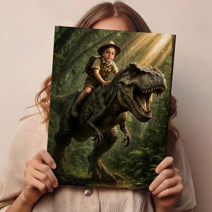 Custom T-Rex Dinosaur Rider Portrait from Photo | Jurassic Adventure Kids Canvas Wall Art  | Dinosaur Gifts